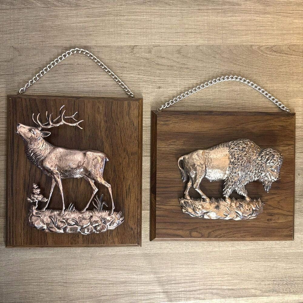 Vintage A&F Canada Copper-Toned Metal Elk And Buffalo 3-D Relief Art Wall Decor